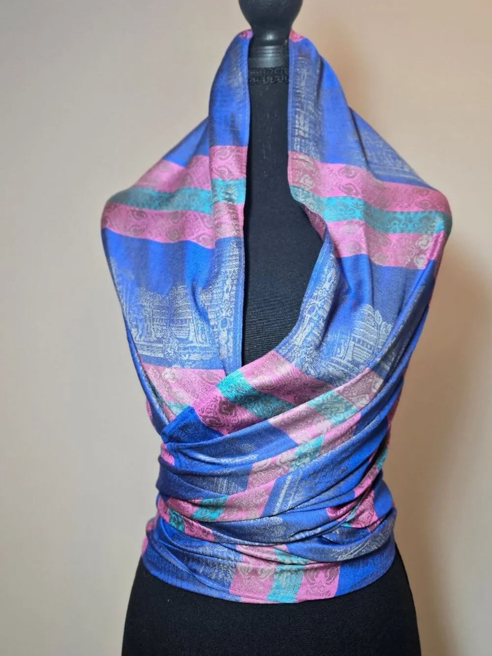 Silk 100 %‎ scarf wrap shawl blue / pink paisley striped made in kashmir